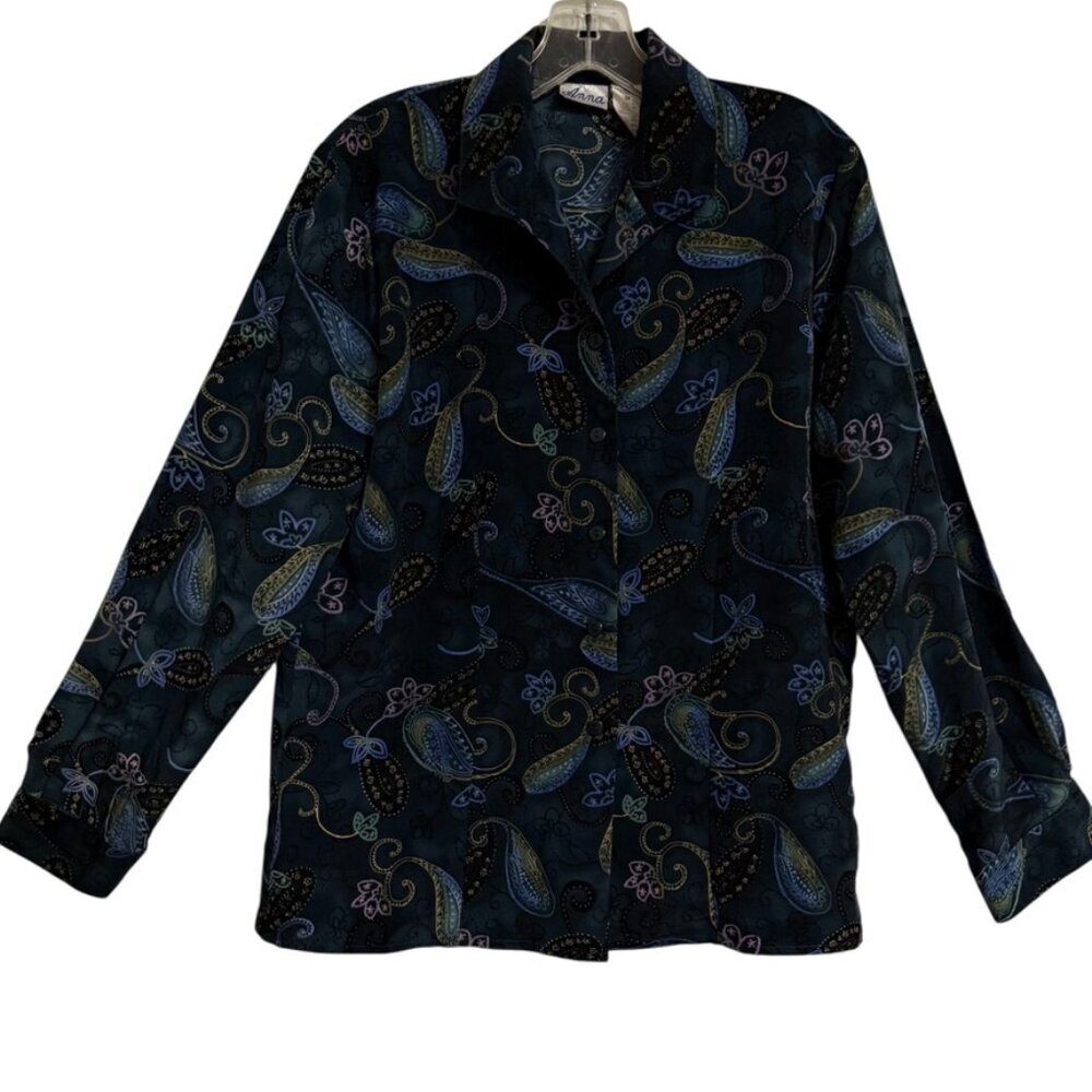 Anna Polyester Blue Paisley Blouse SZ Medium‎ Office Career